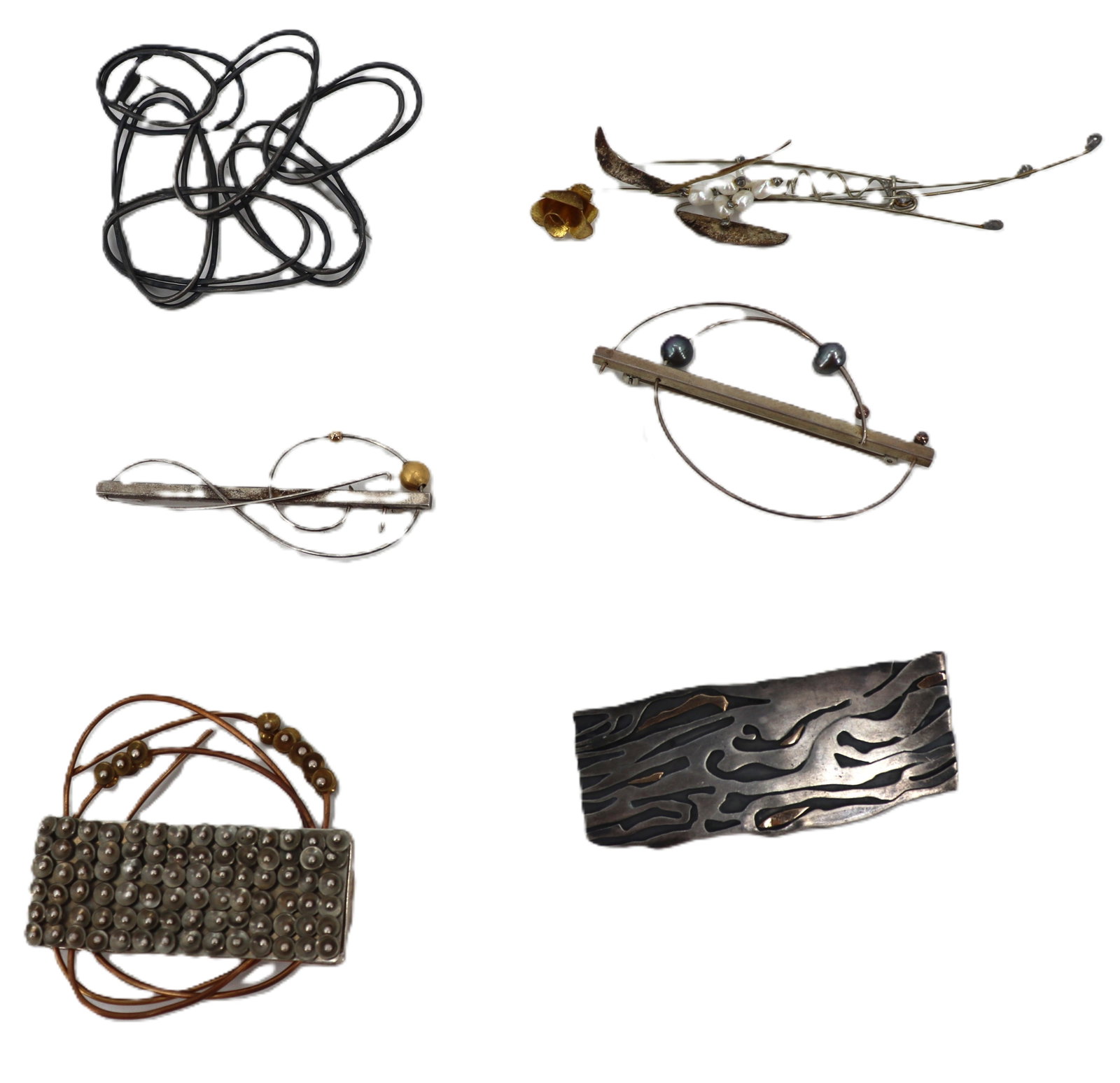(6) Sterling Silver Brooches - Gross 3.025 ozt.: (6) Sterling Silver Brooches. Silver overlapping ovals brooch. Silver gold toned brooch in shape of flower with seed pearls. Silver bar with curved wire with two gold toned beads.&nb
