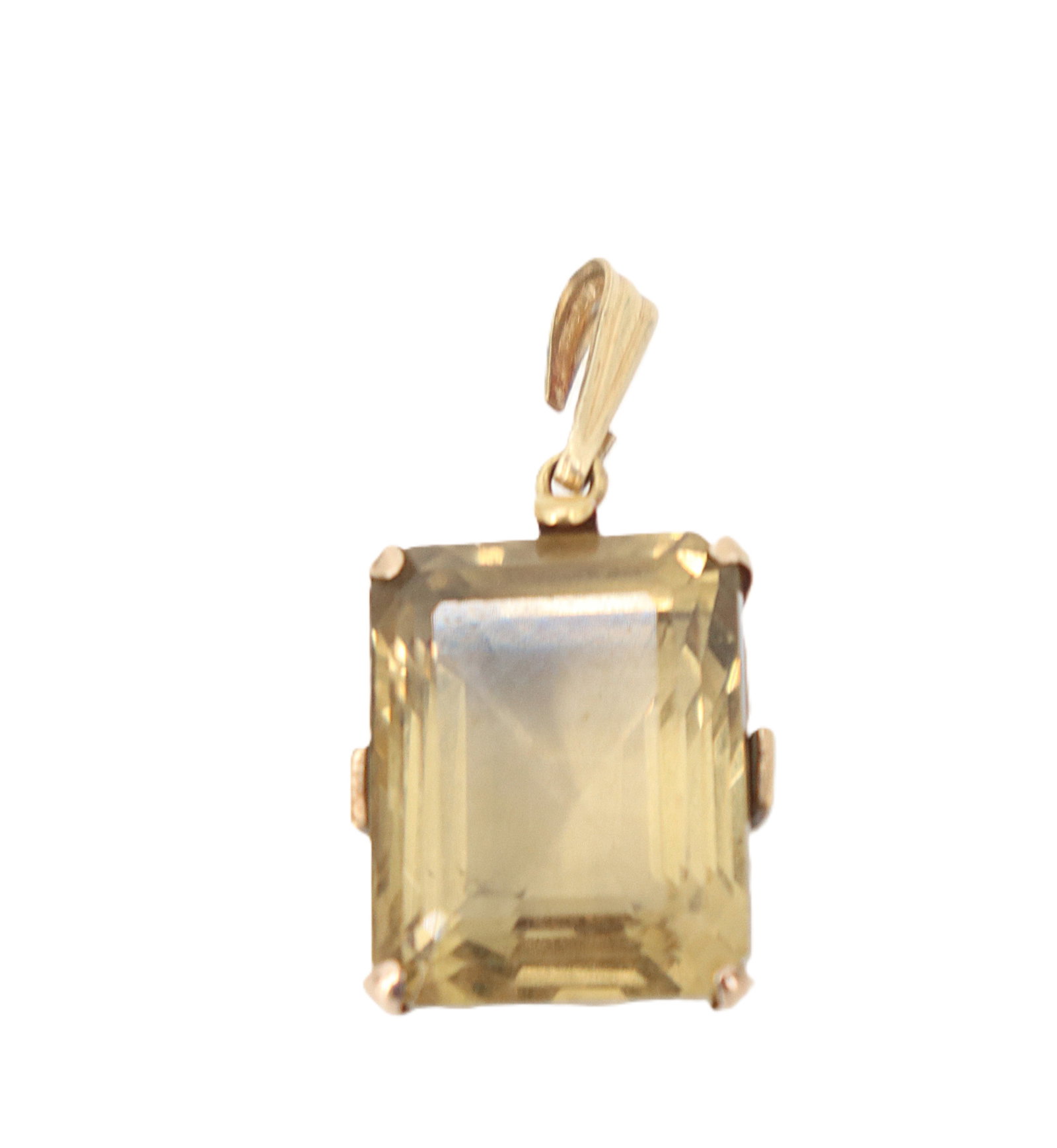 Tested 14k Gold and Citrine Pendant - Gross 13.9 g.: Tested 14k Gold and Citrine Pendant. Features a substantial, emerald cut citrine held securely within a detailed 14k yellow gold setting. Ornate setting with vertical bars holding the corners an