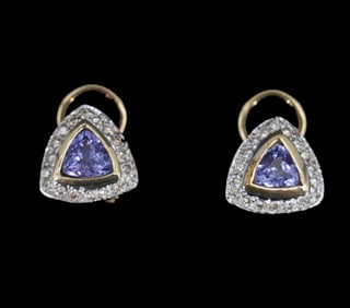 14k Gold, Tanzanite and Diamonds Clip On Earrings - Gross 4.6 g.