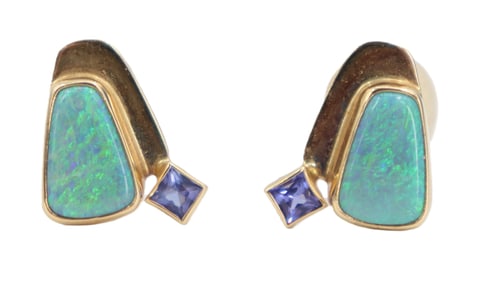 Marked 14k Gold, Opal, and Tanzanite Clip On Earrings - Gross 6 g.