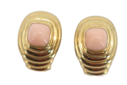 Pair of Tested 14k Gold and Coral Clip On Earrings - Gross 13.6 g.