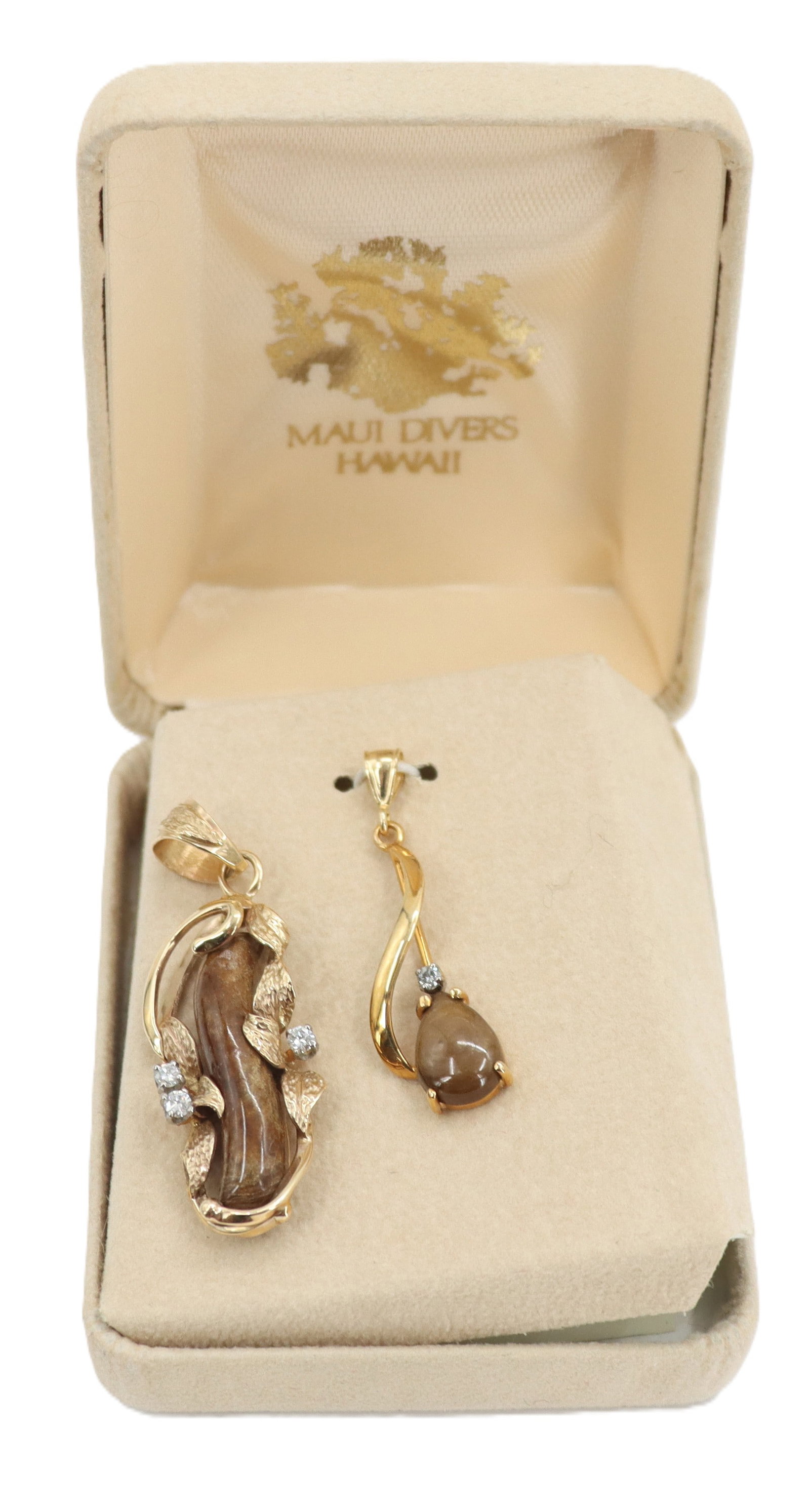 Pair of Maui Divers of Hawaii 14k Gold Pendants - Gross 5.8 g.: Pair of 14k Gold Pendants. Marked on clasp. From Maui Divers of Hawaii. Small round cut diamonds. Brown stone set in 14k yellow gold . Largest Size: 1 3/4 x 1/2 in. Gross Weight: 3.7 