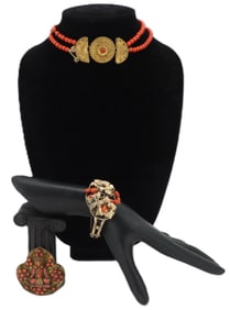 Glass & Gold Filled Bracelet, Pin, And Necklace
