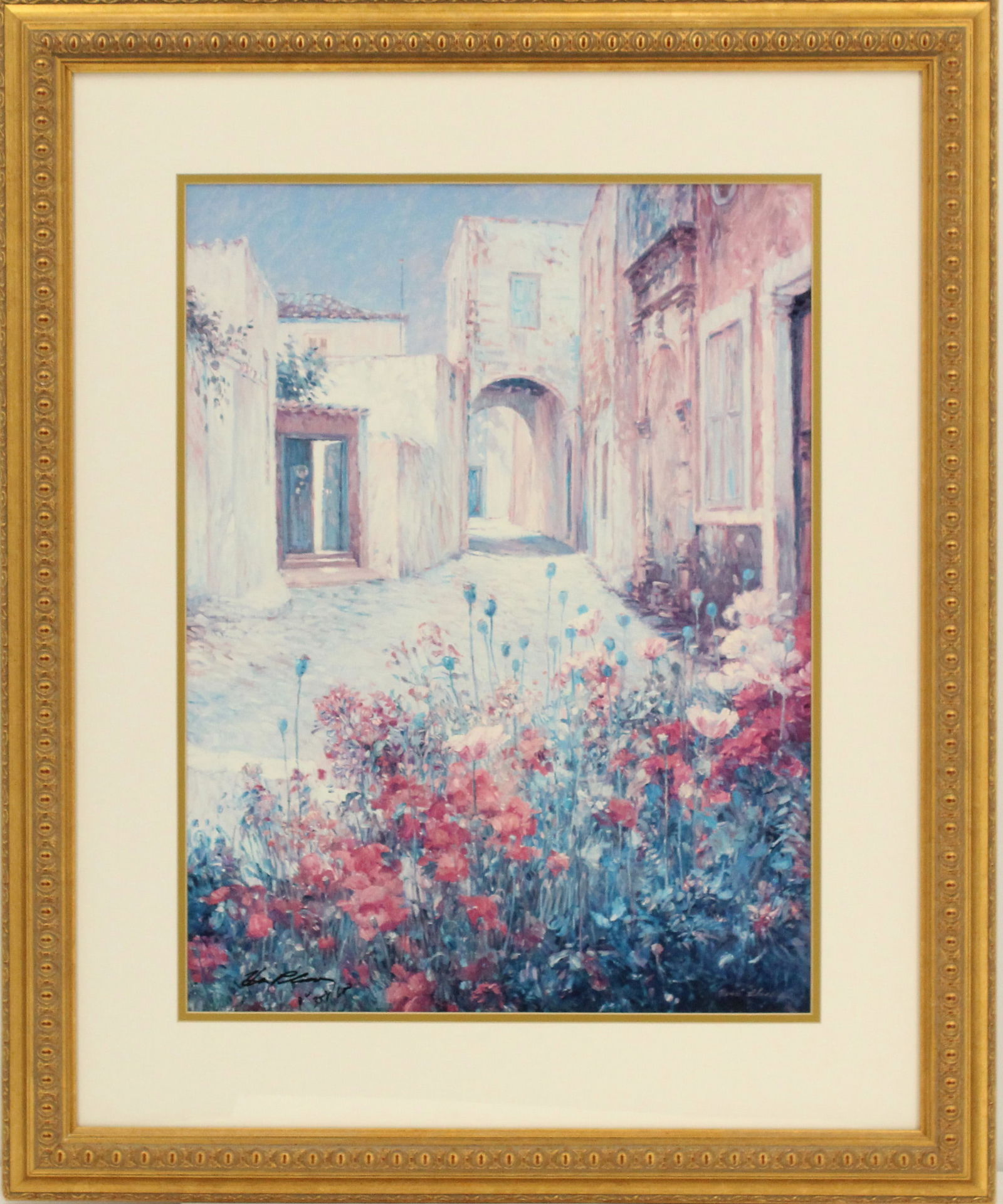 Henri Plisson (1934-2006) American, Signed and Numbered Offset Lithograph: Henri Plisson (1934-2006) American, Signed and Numbered Offset Lithograph. Title: "Calle de Flores." Shows a pretty Mediterranean alley and courtyard with abundant flowers in the foreground.