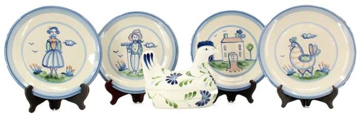 4 M. A. Hadley Pottery Decorative Plates and a Chicken Shaped Casserole from Dansk