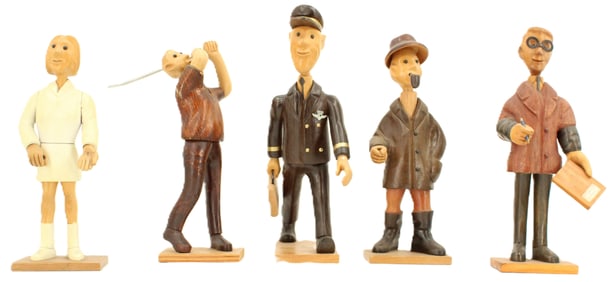 (5) Hand Carved European Romer Cormano Mid Century Modern Wooden Figures