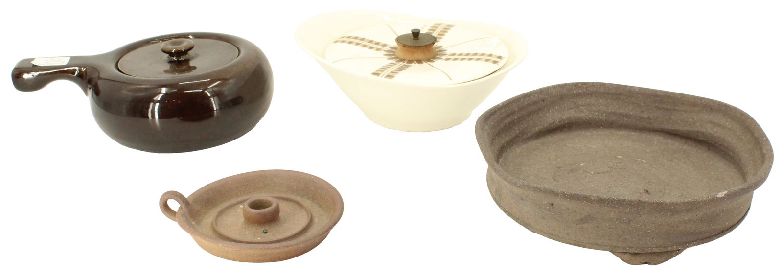 (4) Functional Tableware Pottery Pieces from Various Makers and Periods: (4) Functional Tableware Pottery Pieces from Various Makers and Periods. Includes a Georges Briard covered casserole dish, a Russel Wright handle casserole, a stoneware candlestick from Geor