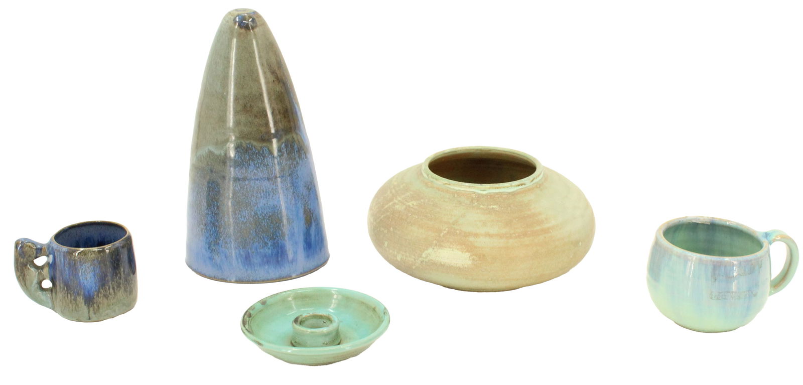 (5) Shearwater Pottery Pieces: (5) Shearwater Pottery Pieces. Includes 1 tall decorative piece, 1 squat vase, 2 cups, and 1 candleholder. Marked on bases, along with paper labels with information. Largest Size: 4 x 2 1/2