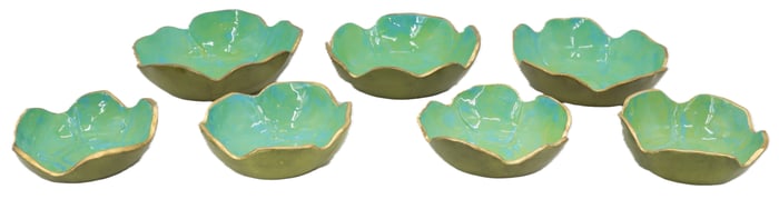 (7) 1920s B Ware of Malibu Potteries Blue, Green, and Gold Ceramic Bowls