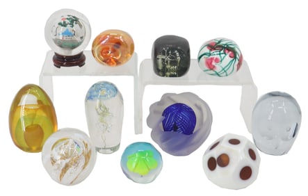 Collection of 11 Art Glass Paperweights from Various Makers