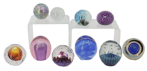 Collection of 10 Art Glass Paperweights from Various Makers