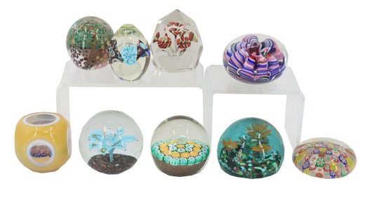 Collection of 9 Art Glass Paperweights from Various Makers