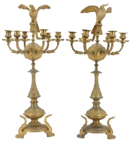 Pair of Antique French Gilt Bronze Opposing Head Parrot Candelabra