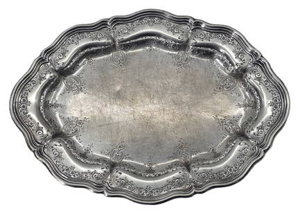 Wm. B. Durgin Co. (1853-1924) American Sterling Silver Tray - 37.525 ozt.: William B. Durgin Company (1853–1924) American Sterling Silver Tray - 37.525 ozt. The rim is elaborately decorated with a repeating pattern of scrolls, foliage, and floral