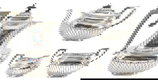4 Piece English Sterling Silver Tea Service: 4 Piece English Sterling Silver Tea Service. Charles Westwood and Sons. Birmingham, 1909. Hallmarked. Condition: Tea pot handle is separated from tea pot?Largest Size: 10 1/2 x 5 x 5