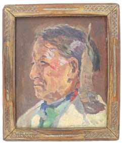 Charles Berninghaus (1905-1988) American, Taos Indian Portrait Signed Oil on Canvasboard in Handmade