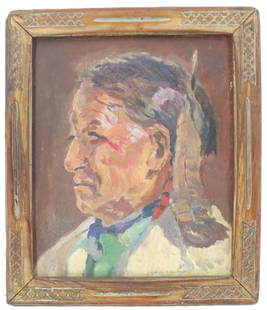 Charles Berninghaus (1905-1988) American, Taos Indian Portrait Signed Oil on Canvasboard in Handmade: Charles Berninghaus (1905-1988) American Taos Indian Portrait Signed Oil on Canvasboard in Handmade Taos Frame. Signed lower right. Charles Berninghaus, impressionist landscape painter, came by
