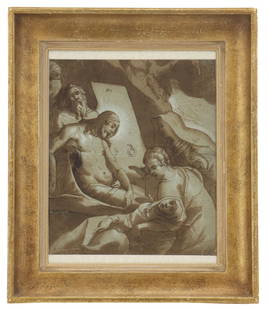 Andrea Andreani (Circa 1540–1623) Italian, Woodcut Print after da Reggio, "The Entombment": Andrea Andreani (c. 1540–1623) Italian, Woodcut Print after da Reggio, "The Entombment". After Raffaelino Da Reggio (Italian 1550-1578)A very rare print in Chiaroscuro. Woodcut printed in brown ink
