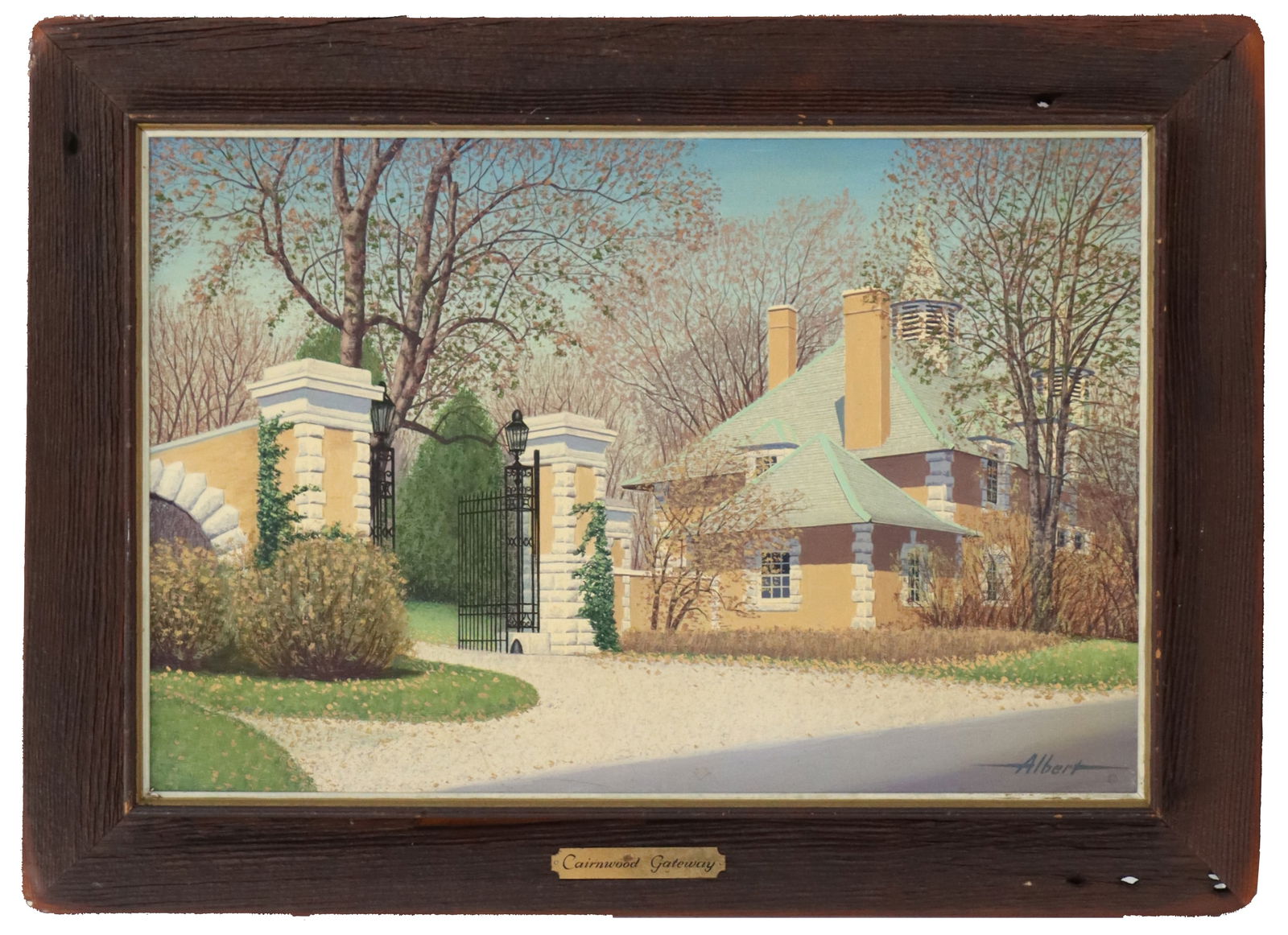 Ernest Albert (20th Century) American, Estate Landscape Oil on Board: Ernest Albert (20th Century) American, Estate Landscape Oil on Board. Depicts an elegant mansion and gate. Signed bottom right. Title on plaque at bottom of frame: "Cairnwood Gateway." Title written o