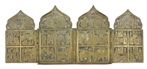 19th Century Russian Enameled Bronze Traveling Icon