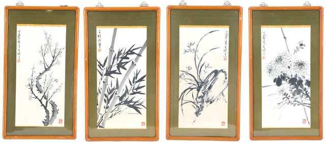 Wang Kai (B. 1939) Four Chinese, Brush Paintings "Four Gentlemen" or "Four Noble Ones: with Artist's