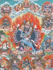 Tibetan Framed Painted Silk Thankga of Yamantaka Vajrabhairava