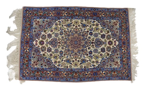 Blue-Hued Persian Isfahan Kashmar Wool and Silk Rug