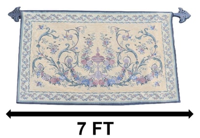 20th Century European Embroidered Tapestry with Curtain Rod and 2 Wall Brackets