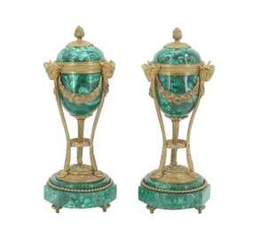 (2) Late 19th Century French Gilt Brass and Malachite Urns
