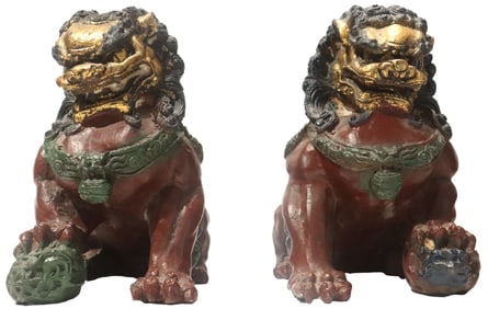 Pair of Polychrome Iron Foo Dogs with Gilt Faces