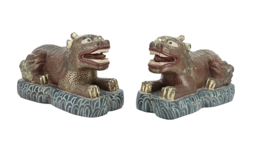 (2) Qing Dynasty Chinese Polychrome Painted Carved Wood Foo Dogs