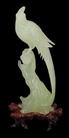 Asian Carved Green Celadon Jade Bird With Custom Wood Base