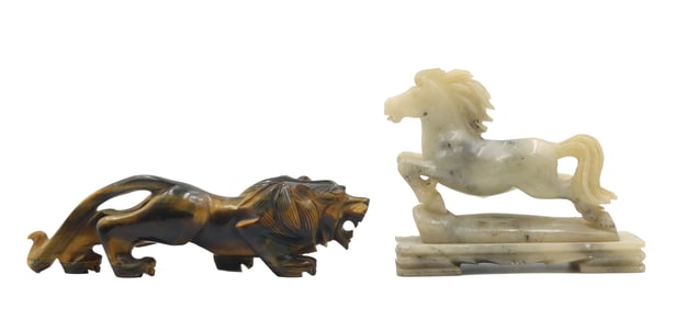 (2) Chinese Carved Figures - Wood Lion and Soapstone Flying Horse
