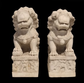 (2) Chinese White Marble Foo Dogs
