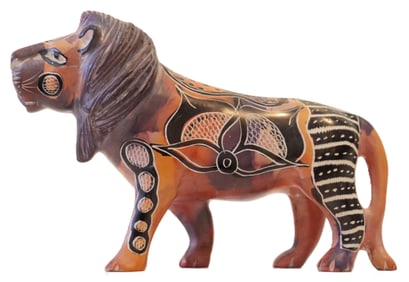 Signed African Hand Carved and Painted Wood Lion Sculpture