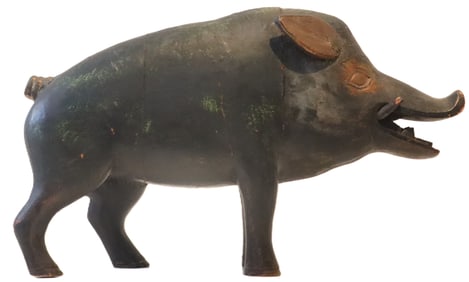19th Century Carved Wooden Pig with Brass and Copper Highlights