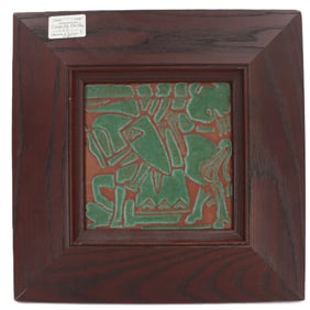 Antique Grueby Faience Company Framed Arts and Crafts Ceramic Tile