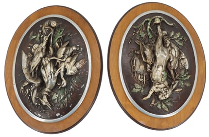 Pair of Antique Style Silverplate Hunting Themed Plaques