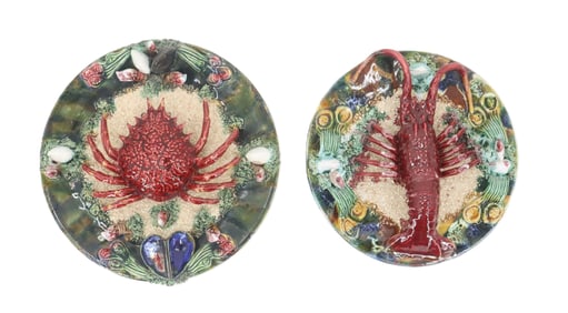 Pair of Palissy Ware Majolica Crustacean Themed Wall Hanging Ceramic Plates