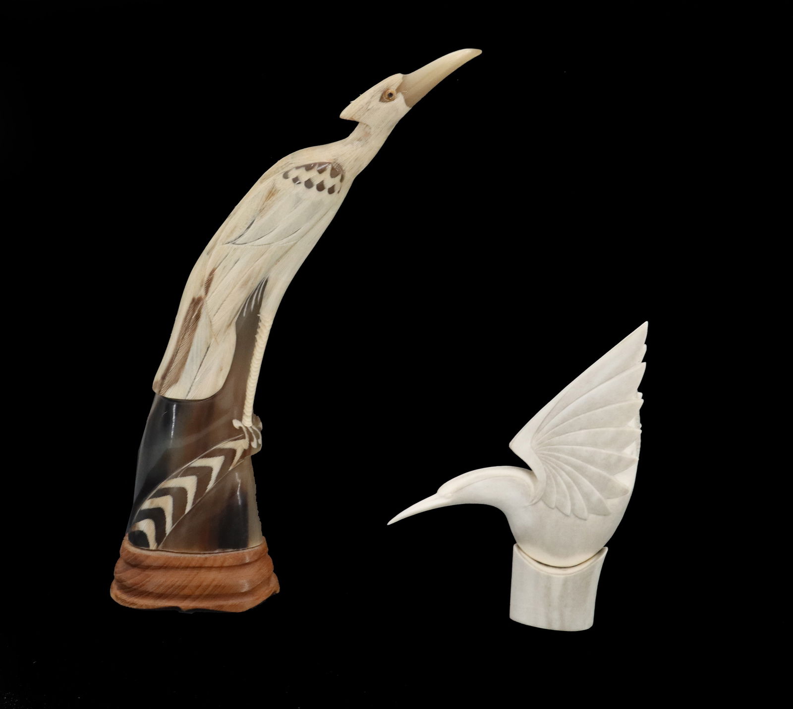 (2) Carved Caribou Antler Feathered Long Bill and Horn Heron (1 of 20)