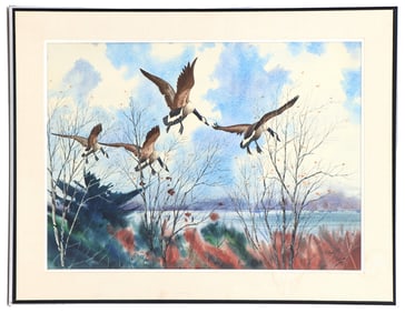 John Randal 20th Century American, "Honkers" Wildlife Watercolor of Geese Flying Over a Lake