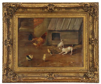Felix-Saturnin Brissot de Warville (1818-1892) Oil on Canvas Farmyard Painting of Dogs and Chicks