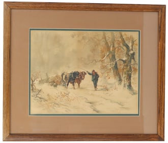 Hugo Anton Fisher (1854-1916) Winter Scene with Oxen Signed Watercolor