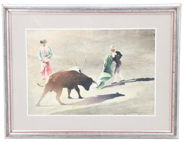 Joseph Mossberger (1908-1996), "Bull Fight" Original Watercolor Painting