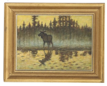 Style of Thure Wallner (1888-1965), 1946 Painting of a Moose Near a River Oil on Masonite