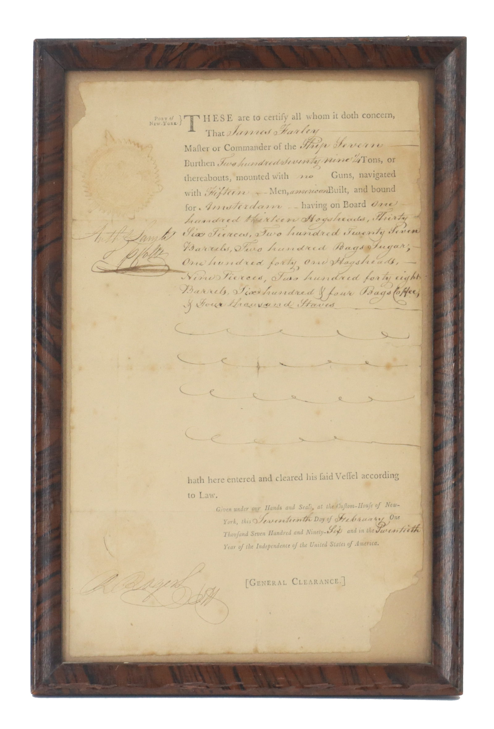 February 17th 1796 Shipping Cargo Declaration New York to Amsterdam (1 of 12)
