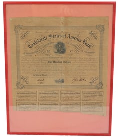 1863 Confederate States of America Five Hundred Dollars Loan Bond Document