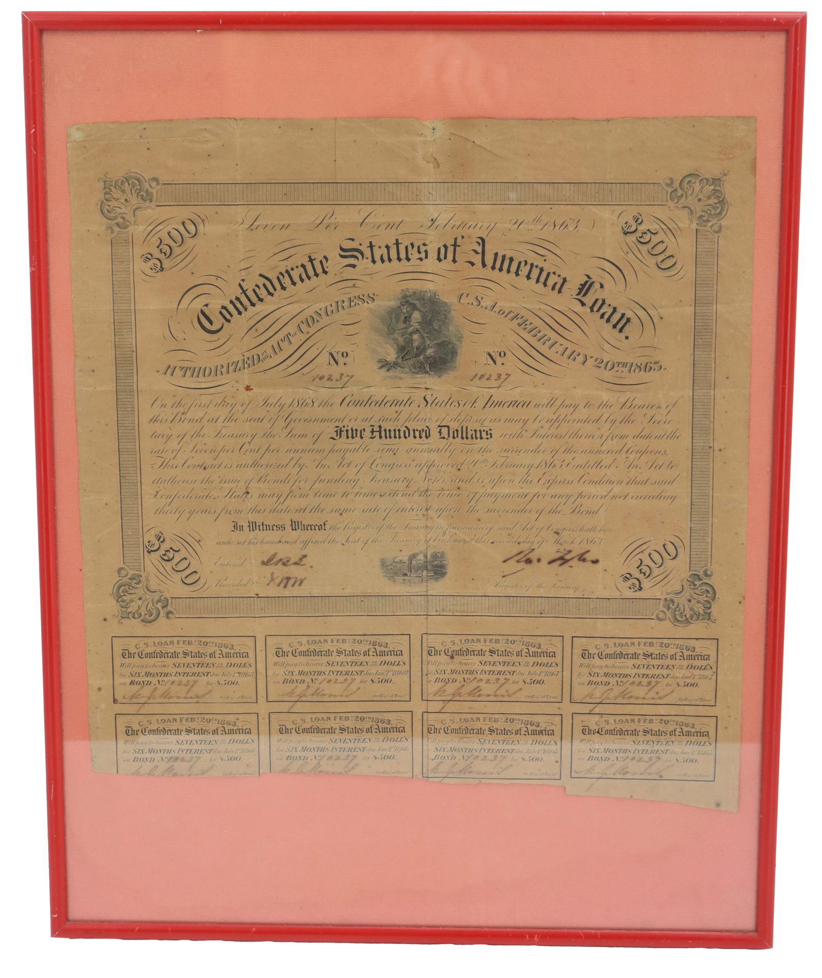 1863 Confederate States of America Five Hundred Dollars Loan Bond Document (1 of 15)