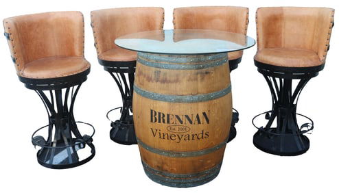 Barrel Table With Glass Top and 4 Barrel Chairs