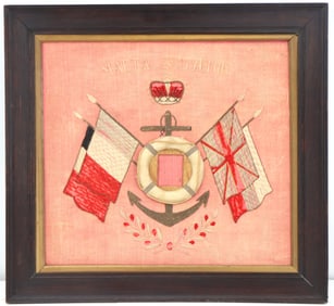 Antique Nautical Silkwork Embroidery Commemorating the Naval Battles of Malta